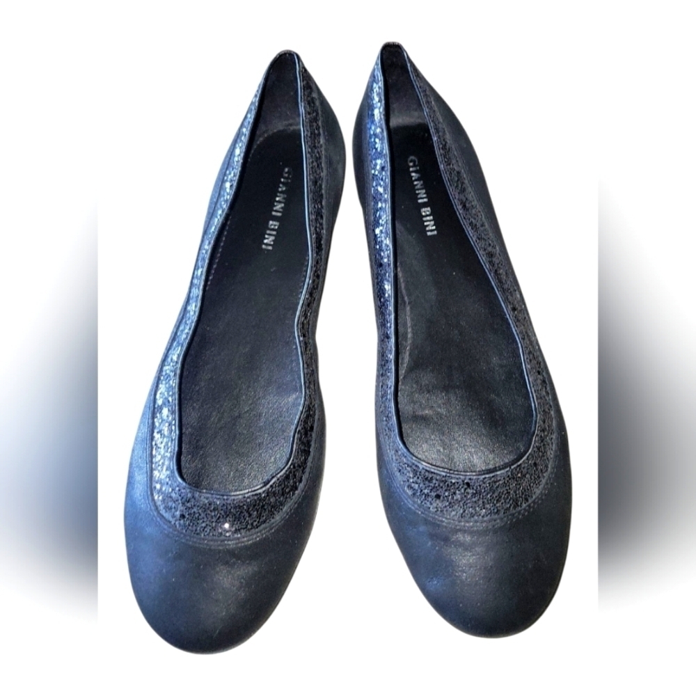 Gianni Bini Black Rhinestone Detail Women's Leather Ballet Flats Sz 8 1/2 M